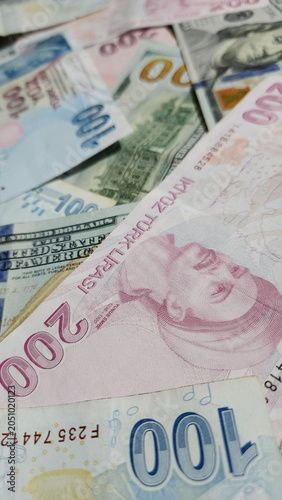 collage made of dollars and Turkish liras