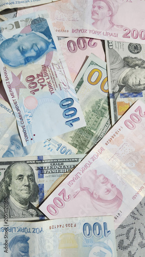 collage made of dollars and Turkish liras