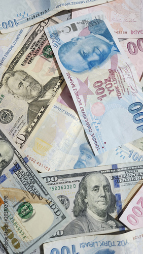 collage made of dollars and Turkish liras
