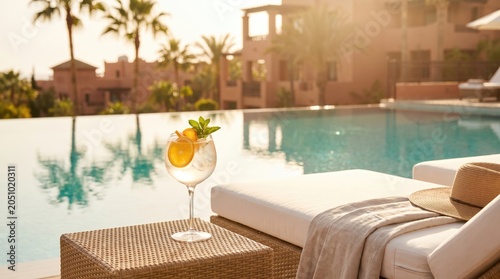 A refreshing cocktail sits on a wicker table beside a luxurious pool. Palm trees and modern villas are visible in the background, creating a serene vacation atmosphere.