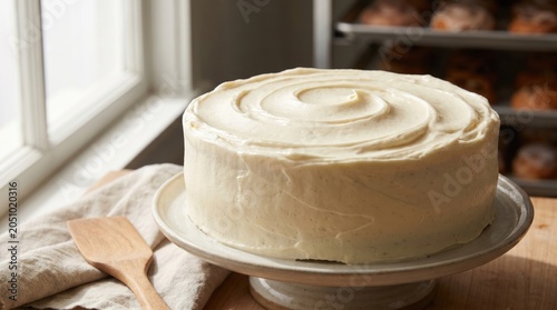 A round cake with white frosting sits on a plate. The cake has a smooth surface and is placed near a window with soft natural light.
