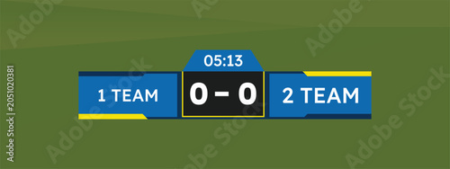Digital football scoreboard graphic with match time display blue team panels and central goal counter on green field.
