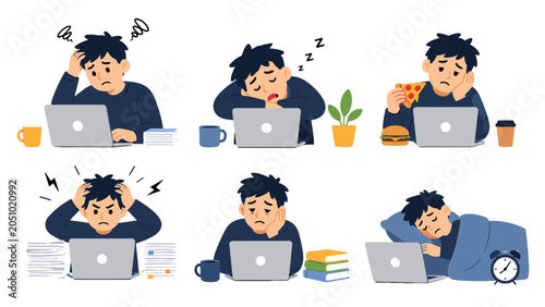 Εκτύπωση καμβά Set of tired male student working on laptop in different poses