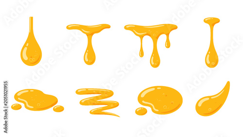 Schilderij op canvas Set of glossy golden liquid drips and splashes on white