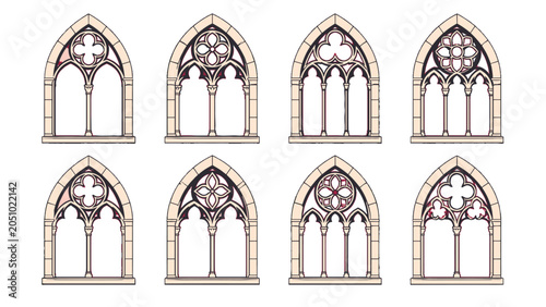 Cuadro en lienzo Set of Gothic arched window tracery designs in vector style
