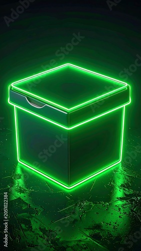 Bright Green Box With Glowing Outline Sits on Dark Surface in Dim Light Creating a Striking Visual Effect in a Modern Setting
