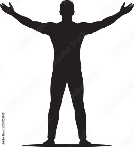 Silhouette of a man from behind with arms outstretched wide. Back view human figure standing, freedom and success concept. Vector illustration of a person welcoming the world. Minimalist black shape 