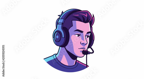Gamer with headset, focused expression, bold linework, vibrant purple and blue hues