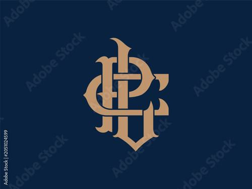 Intertwined monogram logo featuring golden letters p, c  and l on a dark blue background monogram typography intertwined initials alphabet identity branding decorative minimalist corporate