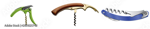 Three different types of corkscrews isolated on a white background