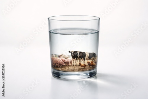 Farm animals inside water glass concept representing livestock water use and pollution
