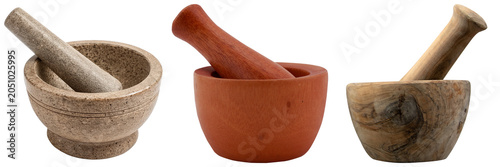 Three different types of mortars and pestles isolated on a white background