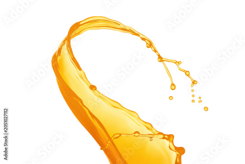 A dynamic splash of bright orange liquid, likely juice or oil, captured in motion against a solid black background, for food and, drink visuals