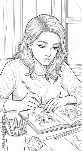 Young Woman Concentrating on Drawing in Her Sketchbook.