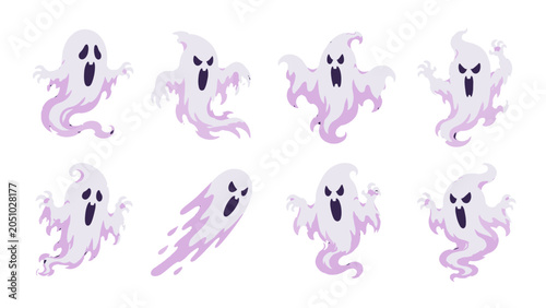Foto Set of cute purple ghost characters on white background