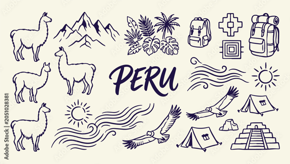 Fototapeta premium peru travel culture heritage pattern, iconic peruvian historic landmark background, traditional peru landscape life illustration, south american culture travel souvenir print, historic mountain landsc