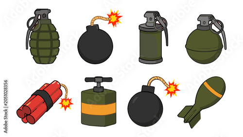 Fotografie Set of cartoon explosive devices and hand grenades