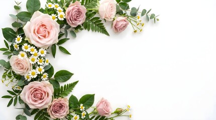 Floral Border Arrangement with Pink Roses, Mauve Blooms, White Daisies, Fern Fronds and Eucalyptus Leaves Framing White Background Representing Botanical Elegance and Invitation Design Concept
