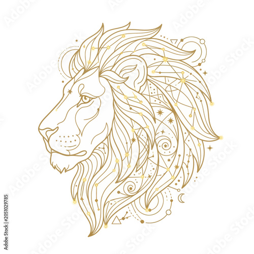 Golden lion head line art with celestial constellation and stars on white