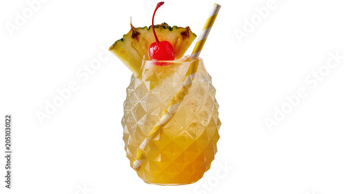 Pineapple shaped glass with yellow cocktail pineapple slice, cherry and straw