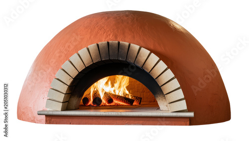 Terracotta dome pizza oven with burning logs inside