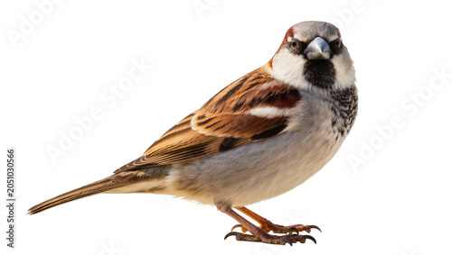 Foto Male house sparrow bird with brown wings and grey body