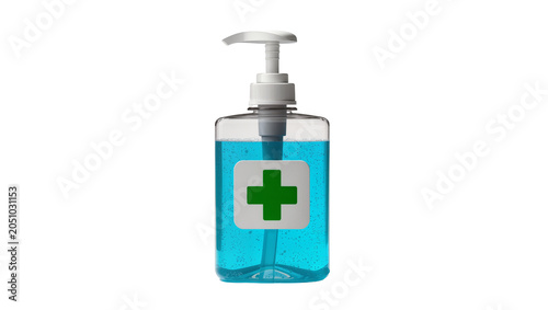 Foto Clear plastic bottle with blue hand sanitizer and green cross symbol