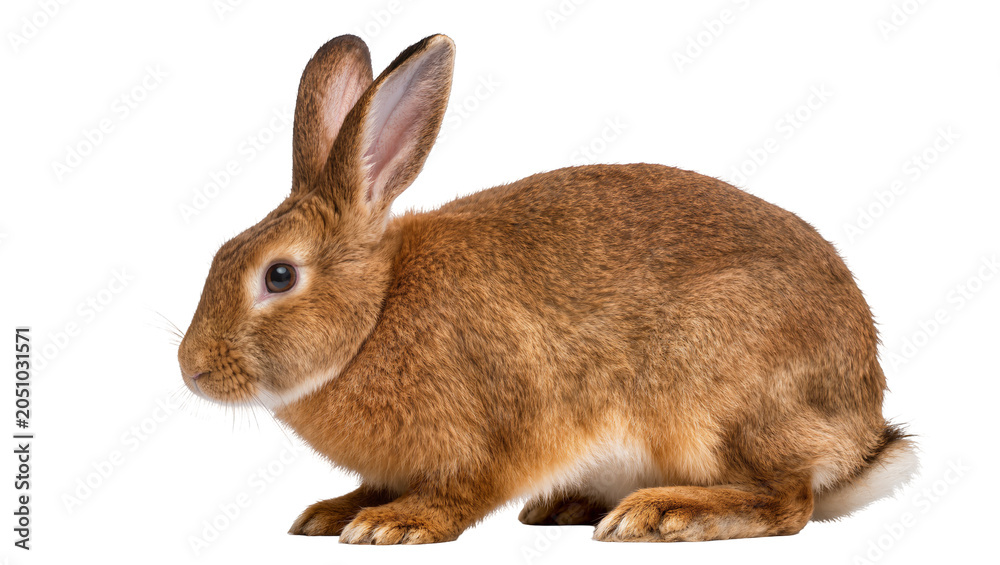 Naklejka premium Brown rabbit with long ears sitting on white