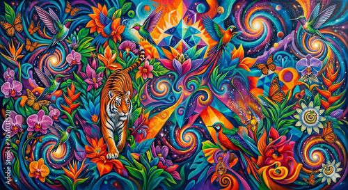 Colorful psychedelic jungle background with tiger and tropical birds abstract mural art
