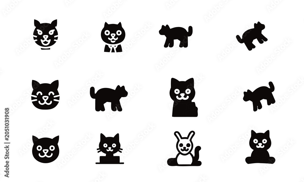 Obraz premium Set of cute cat face and pet character silhouette icons with silhouette character domestic whiskers collection illustration standing headshot