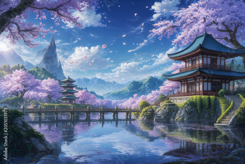 Serene Japanese landscape with traditional pagodas surrounded by blooming cherry blossom trees near a calm lake