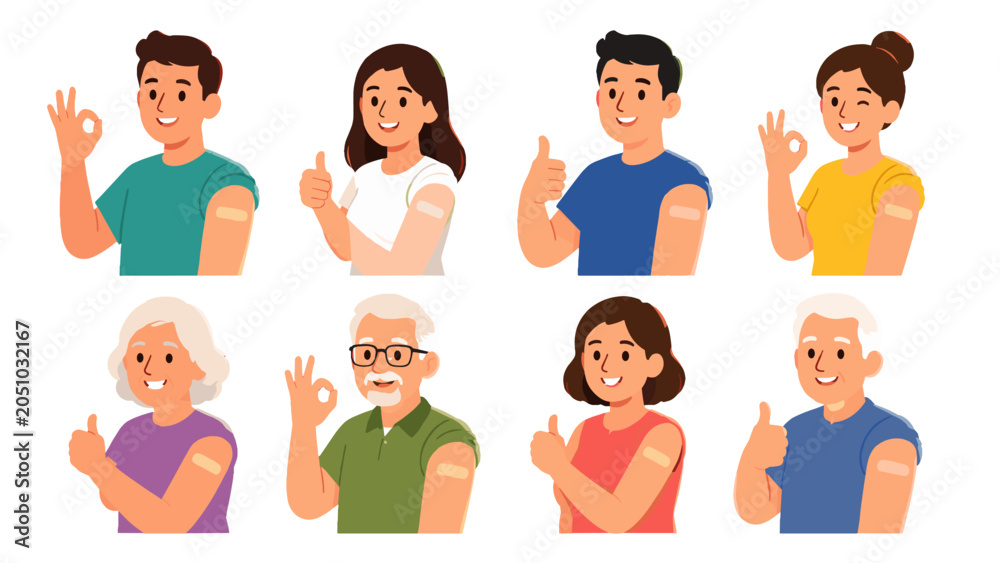 Fototapeta premium People showing arm bandages after vaccination in flat style