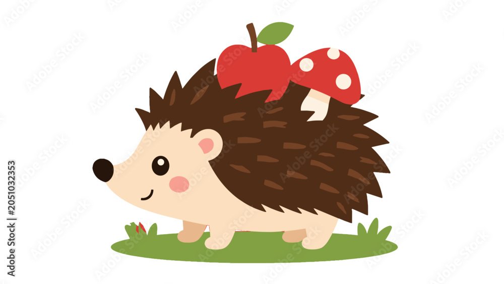 Fototapeta premium Cute hedgehog with apple and mushroom cartoon vector
