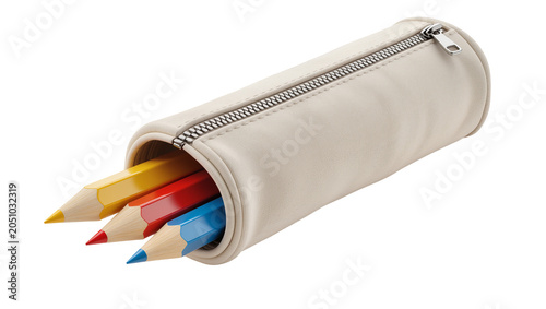 Cream pencil case with yellow red, and blue colored pencils