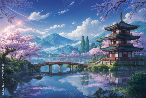 Serene Japanese landscape featuring a pagoda building surrounded by blooming cherry trees beside a reflective lake and distant mountains