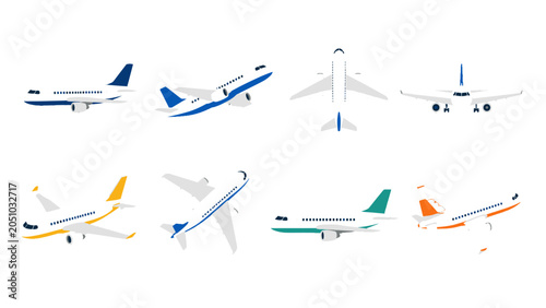 Bild auf Leinwand Set of passenger airplane views in clean flat vector style