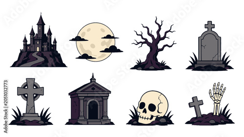 фотографія Spooky Halloween graveyard icons with castle moon and skull