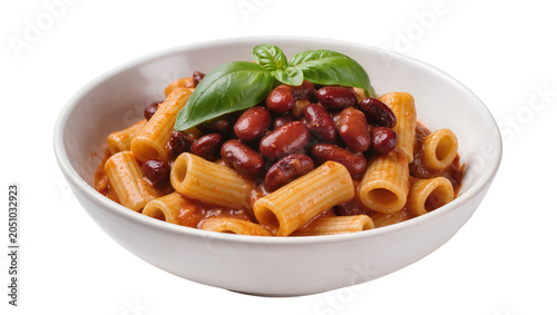 Bild auf Leinwand Rigatoni pasta with kidney beans in tomato sauce and basil garnish