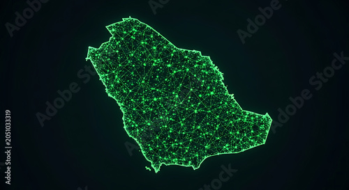 Saudi Arabia digital network map technology background. KSA futuristic abstract green plexus grid country silhouette 3D render banner.