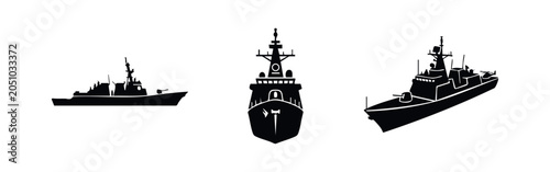 Foto Warship or Frigate Military Boat Icons - Black Silhouettes of Naval Vessels