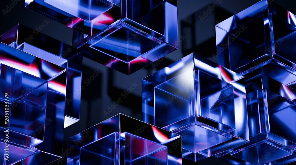 Abstract 3d rendering of multiple shiny blue cubes with pink highlights on dark background