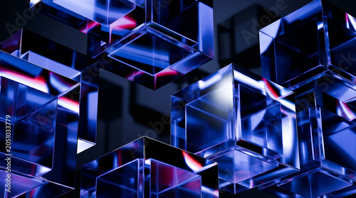 Abstract 3d rendering of multiple shiny blue cubes with pink highlights on dark background