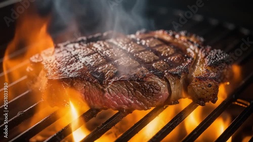 Juicy grilled steak cooking over open flame with smoky charred texture on barbecue grill