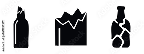 Photography Broken Glass Bottle Icons, Shards and Damage Vector Illustration