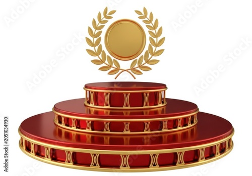 Golden laurel wreath above red podium isolated on white background