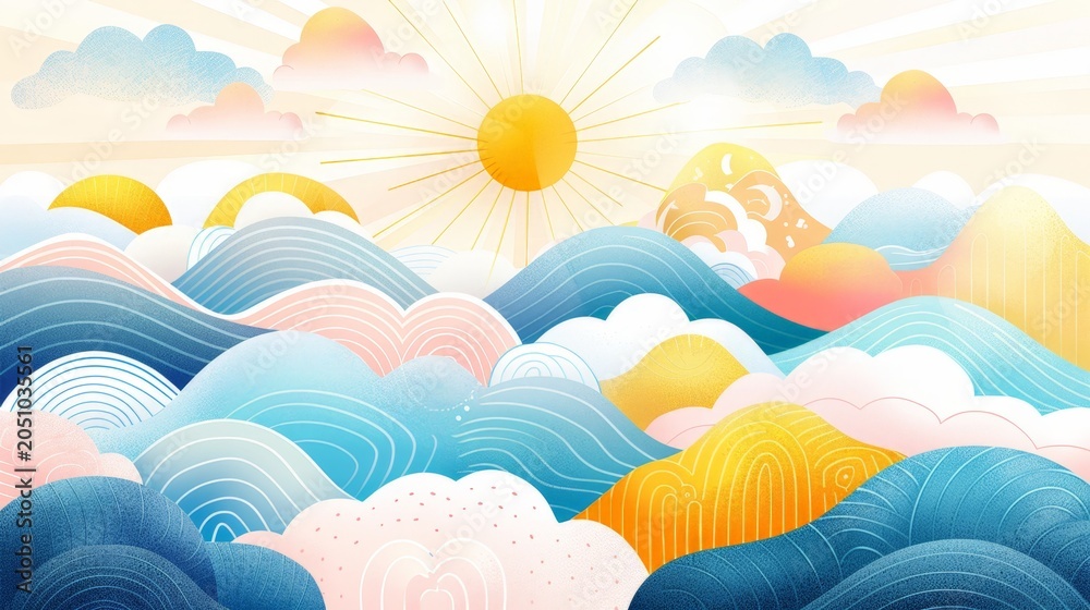 Obraz premium Warm sun rises over gentle, rolling waves. Soft clouds drift in pastel hues of blue, pink, and gold. Sunbeams spread like golden fingers across the sky. Wavy patterns create motion