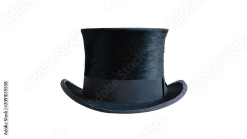 Black formal top hat with satin band and textured fur