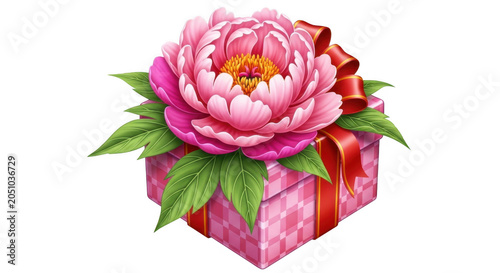 Pink peony flower decorated on a checkered gift box with a red ribbon bow isolated on transparent background