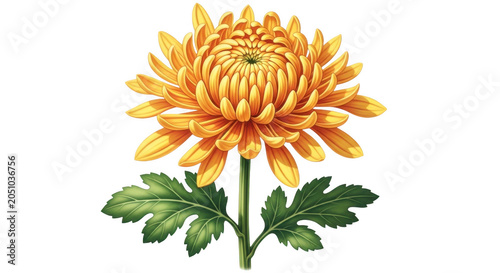 Yellow chrysanthemum flower illustration with green leaves showing natural beauty and botanical detail for design work on transparent background