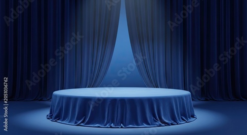 Blue podium stage with draped velvet curtains.